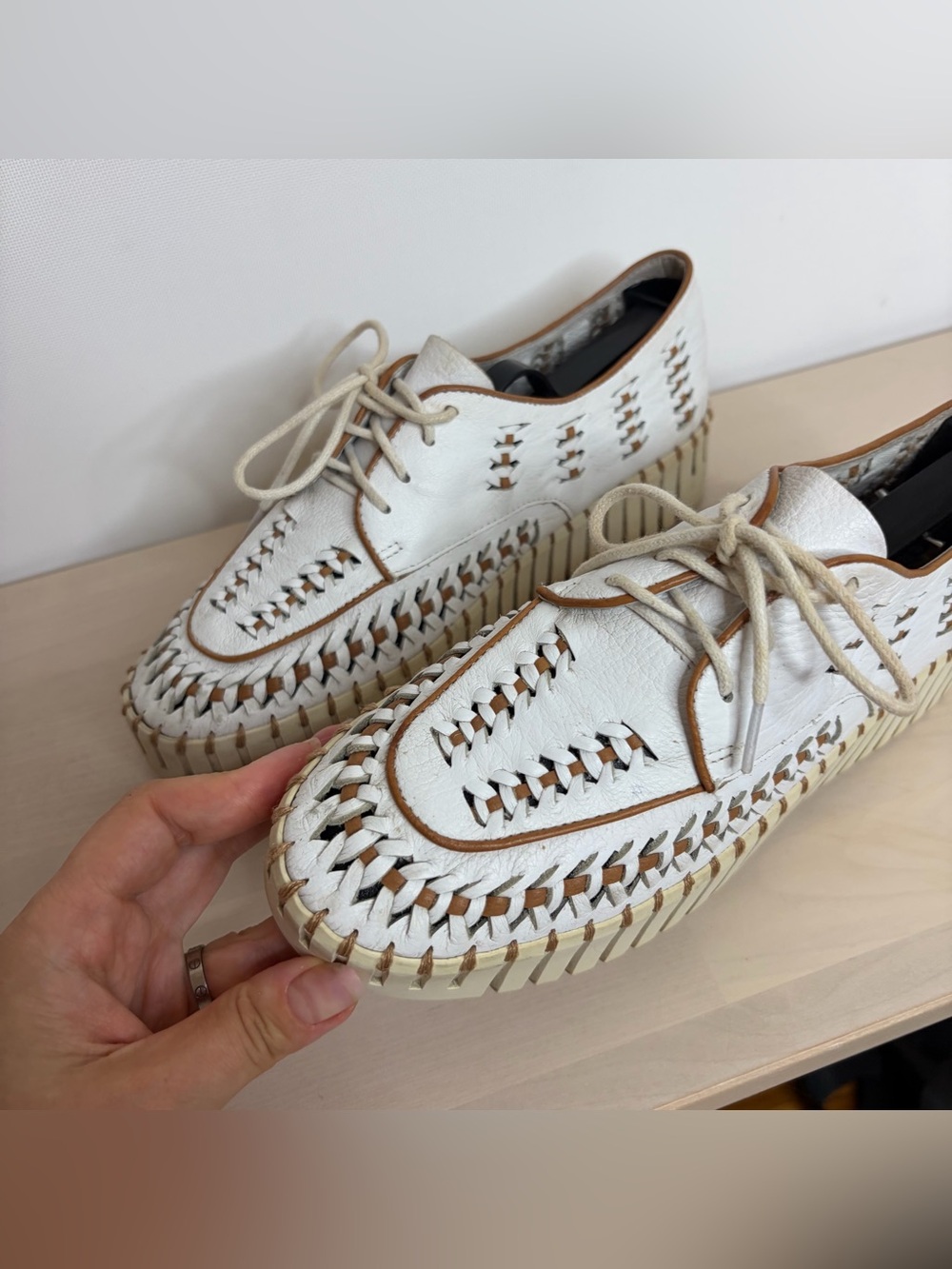 White Woven Platform Lace-Up Sneaker with Tan Trim - Picture 4 of 12